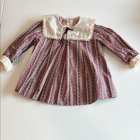 Striped Long Sleeve Baby Dress with Lace Collar - handmade - Picture 1 of 7